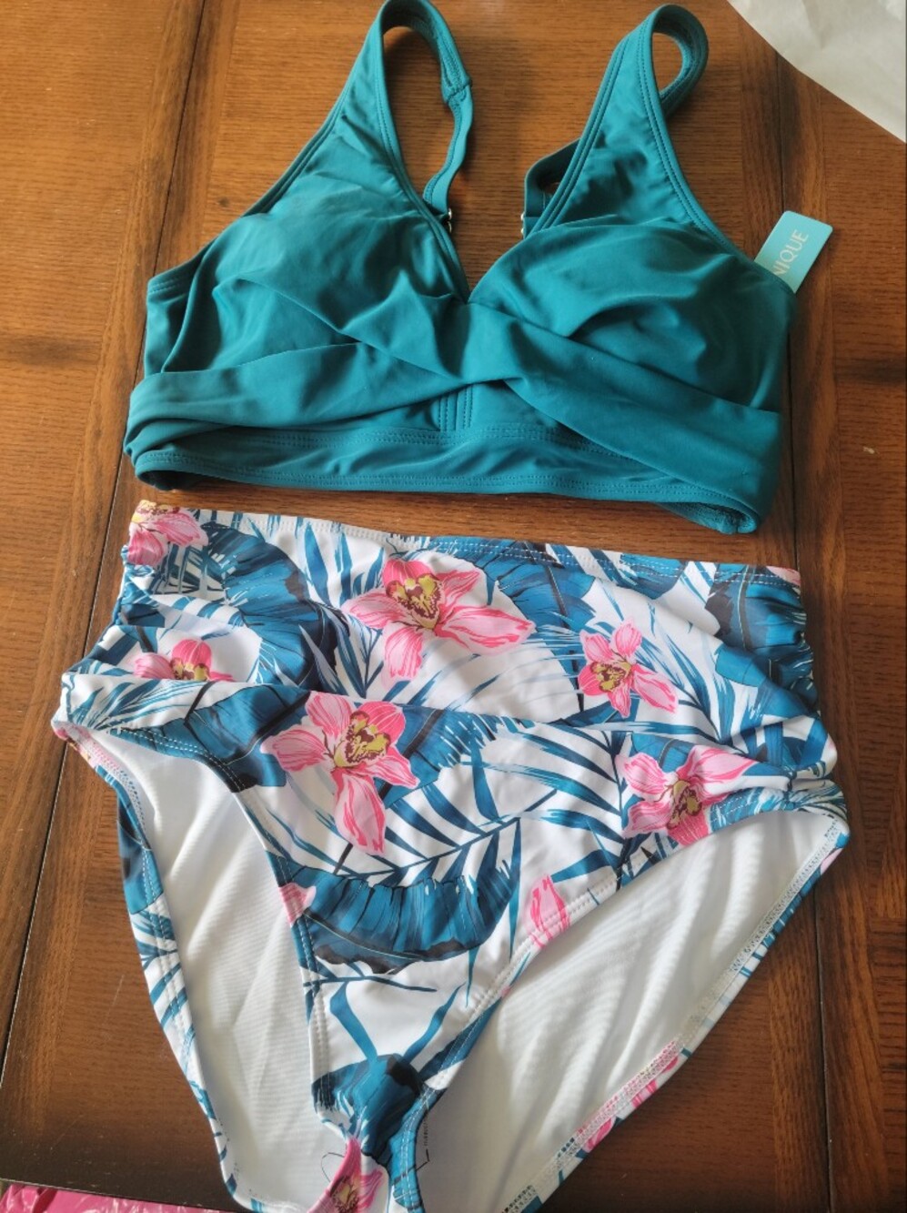 Younique Teal Twist Bikini Top with Teal & Pink Floral High-Waist Bottoms